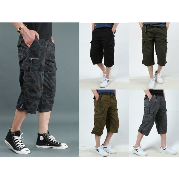 Mens 3/4 Long Length Shorts Elasticated Waist Cargo Combat Three Quarter  jeans s | eBay